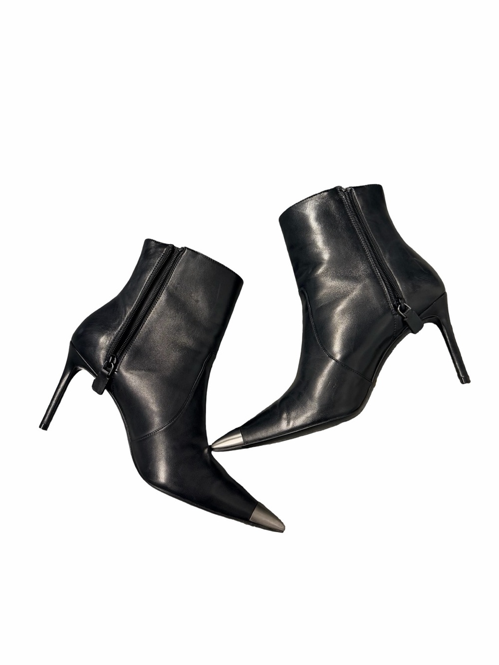 Stuart Weitzman Black Leather Pointed Ankle Boots with Silver Toe Cap